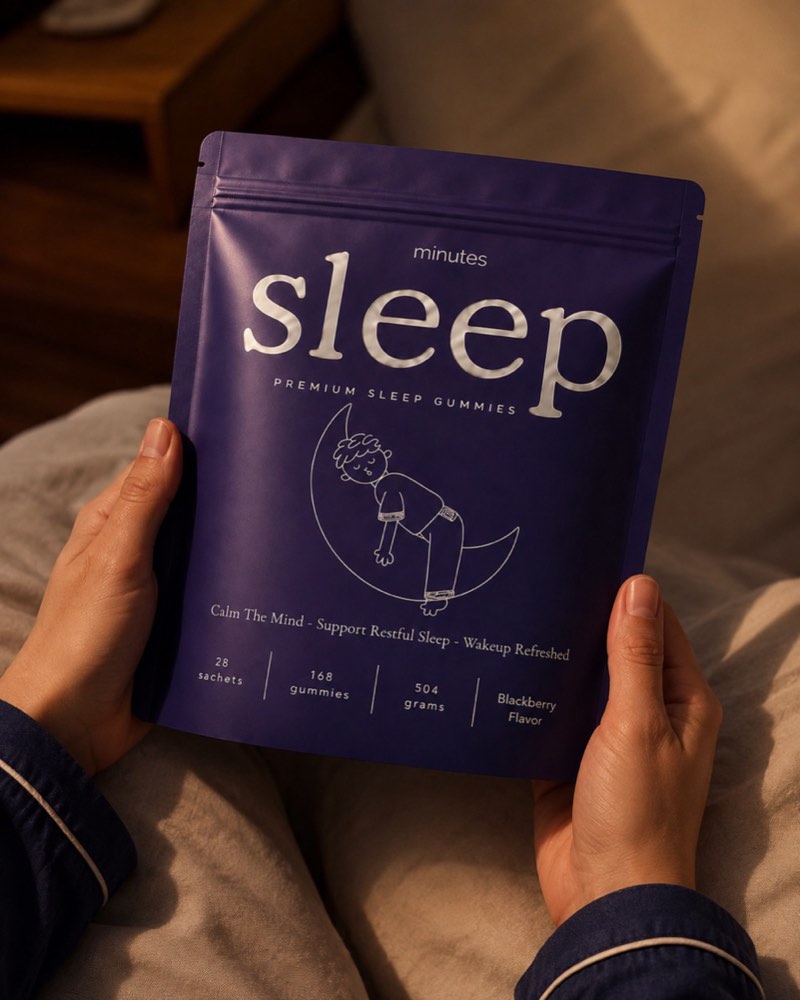 Hands holding a bag of Minutes sleep gummies in bed