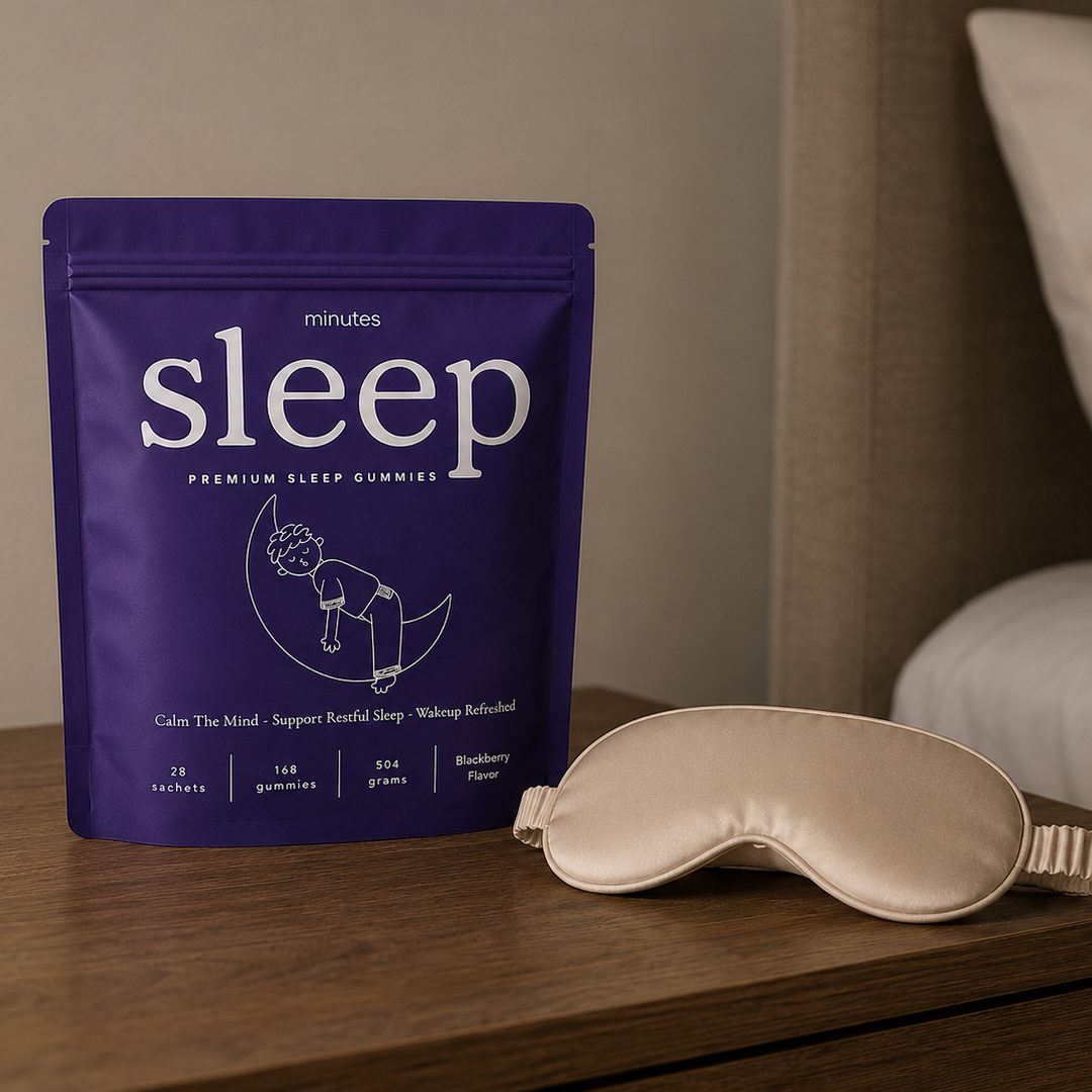 Minutes pouch on a nightstand beside a silk eye mask