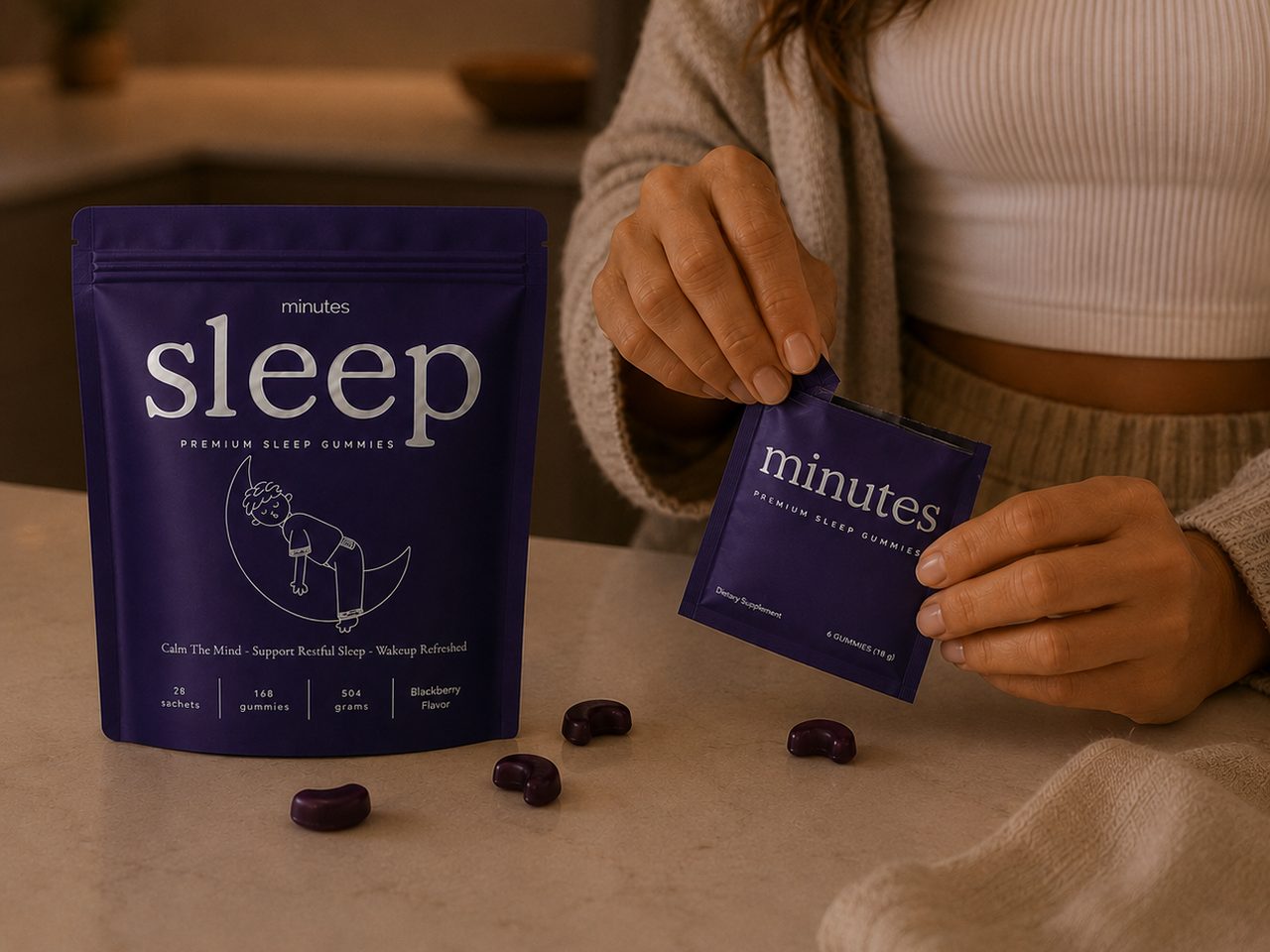 Minutes pouch and a torn sachet on a kitchen counter, blackberry gummies scattered